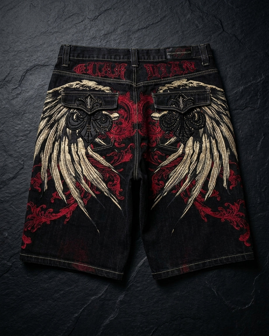 Y2K Heavy-Embroidered Baggy Denim Shorts