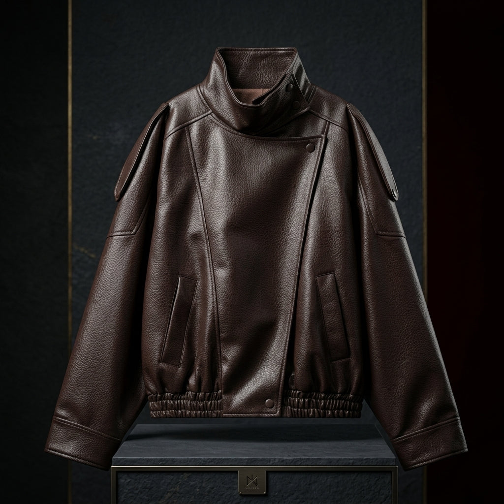 Oversized Vegan Leather Stand-Collar Jacket