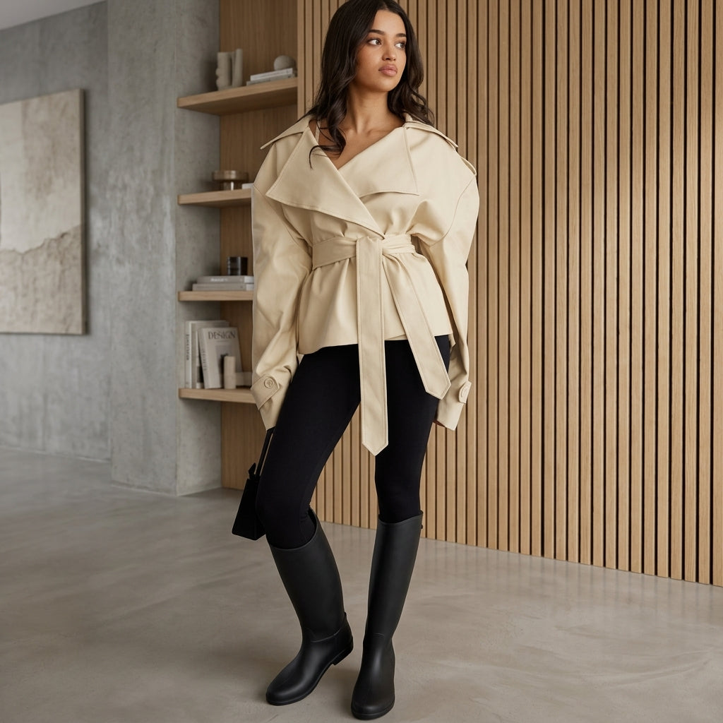 Belted Trench Coat with V-Neck Collar