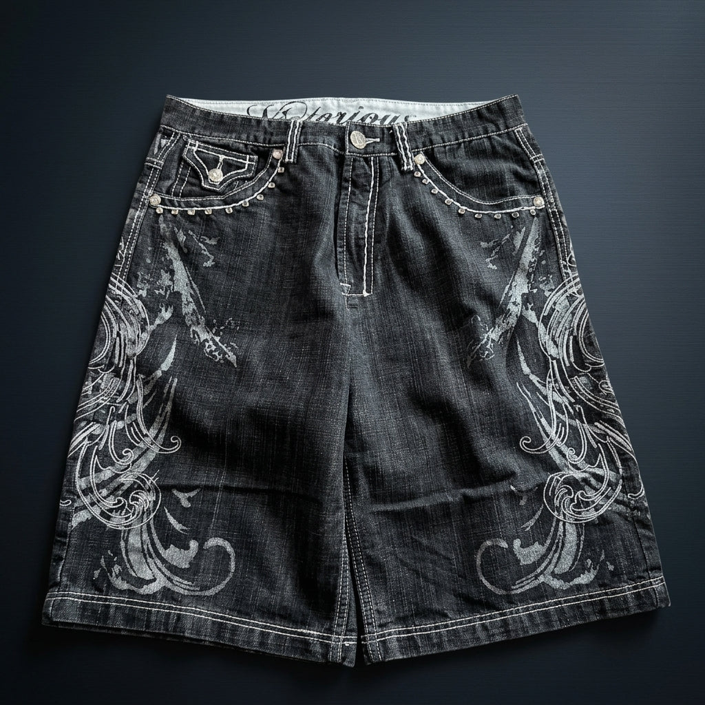 Y2K Heavy-Embroidered Baggy Denim Shorts