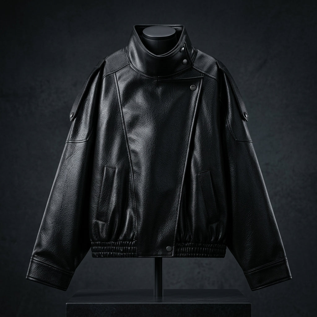 Oversized Vegan Leather Stand-Collar Jacket