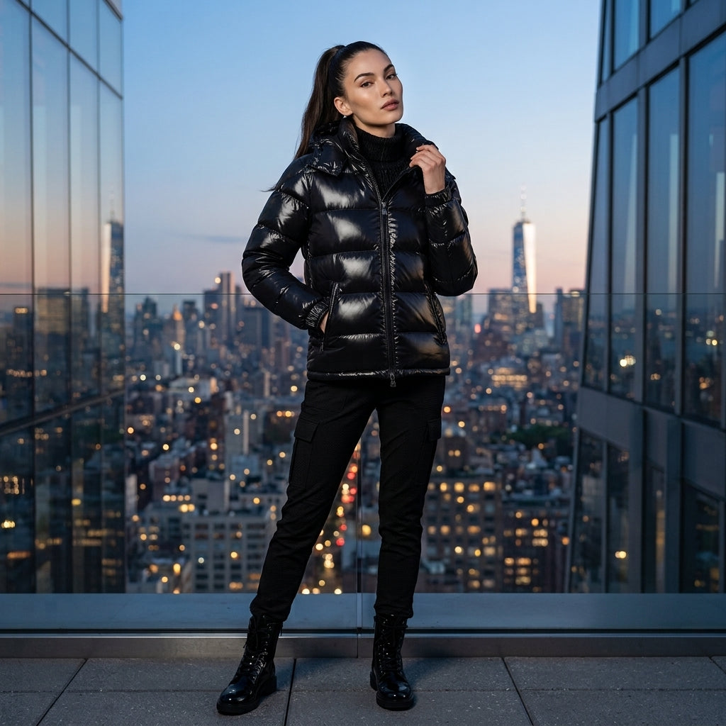 Glossy Down Puffer Jacket with Detachable Hood