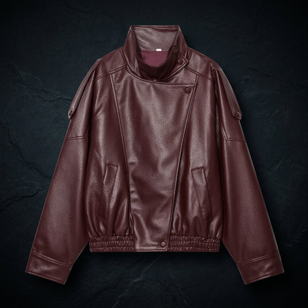 Oversized Vegan Leather Stand-Collar Jacket