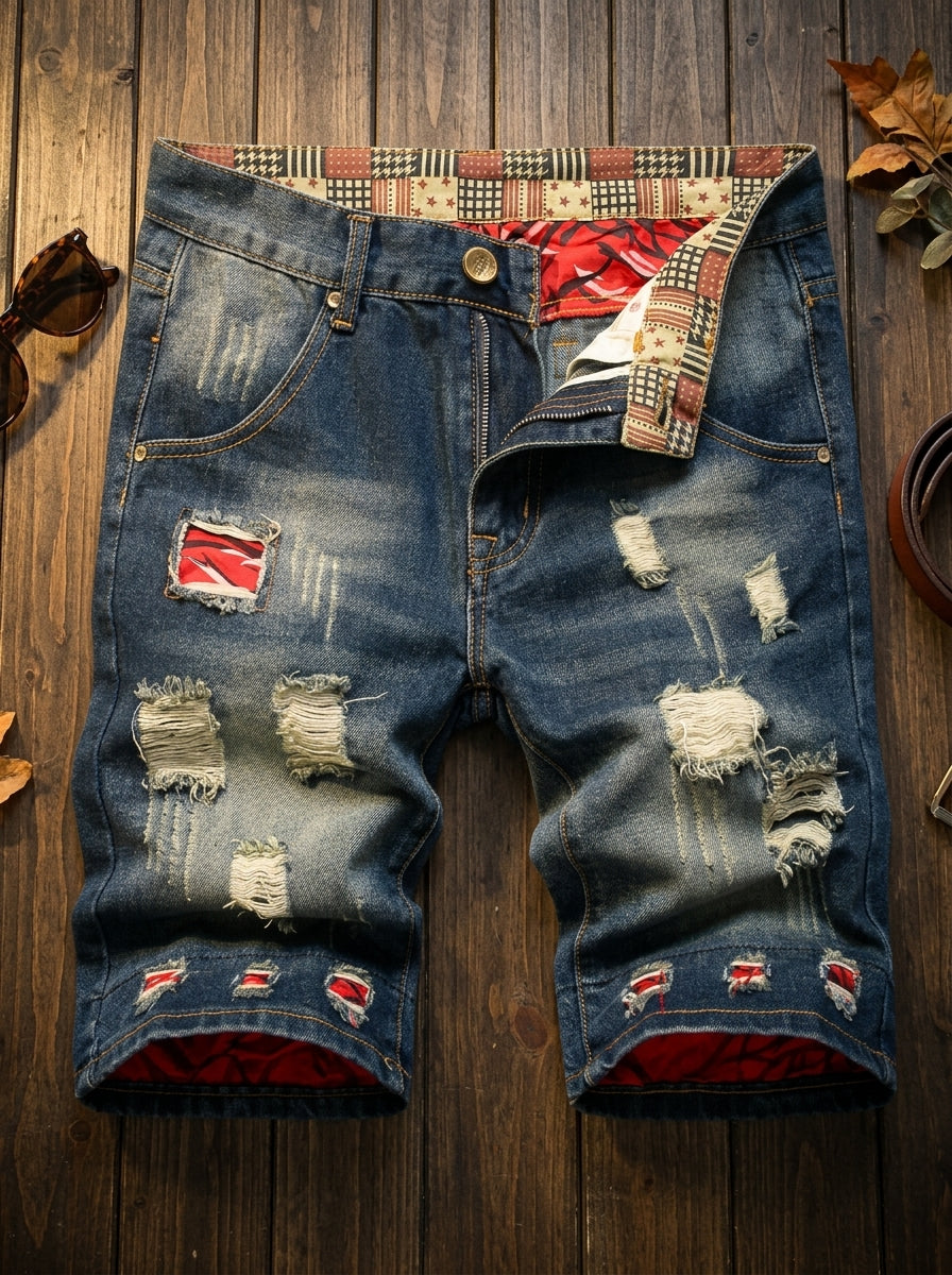 Distressed Patchwork Grunge Denim Shorts | Y2K Streetwear Hip-Hop Heavy Wash