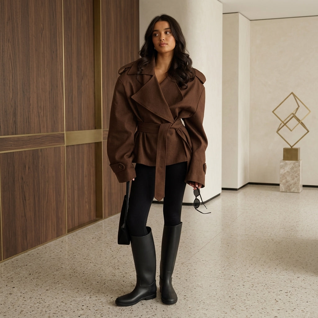 Belted Trench Coat with V-Neck Collar