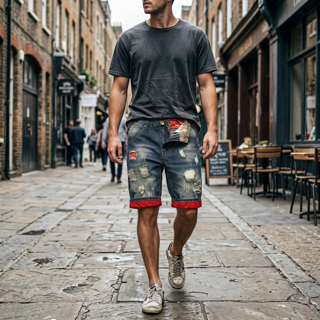 Distressed Patchwork Grunge Denim Shorts | Y2K Streetwear Hip-Hop Heavy Wash