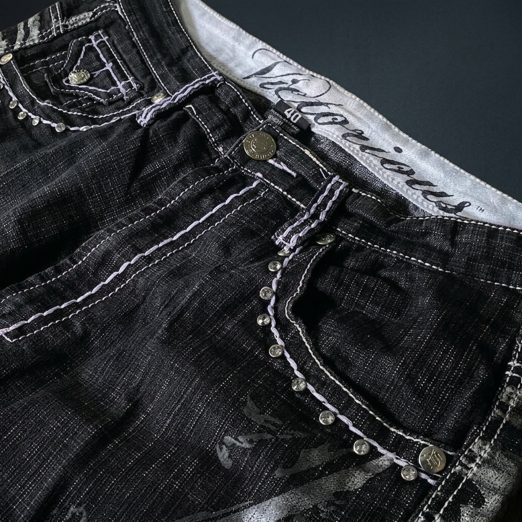 Y2K Heavy-Embroidered Baggy Denim Shorts