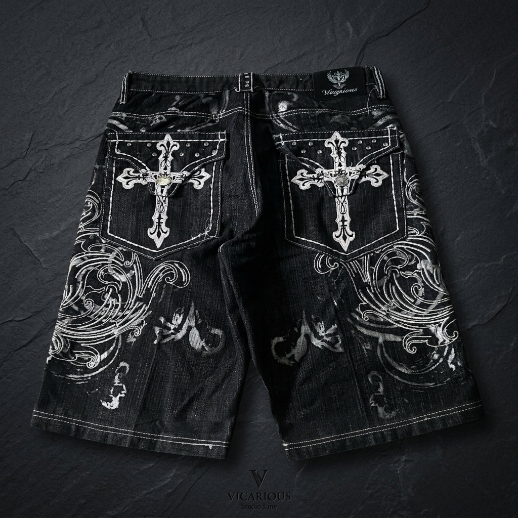 Y2K Heavy-Embroidered Baggy Denim Shorts