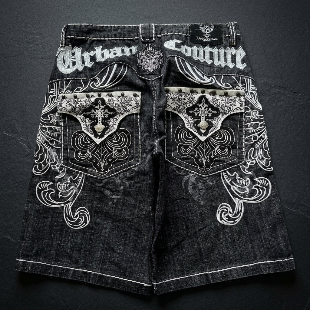 Y2K Heavy-Embroidered Baggy Denim Shorts