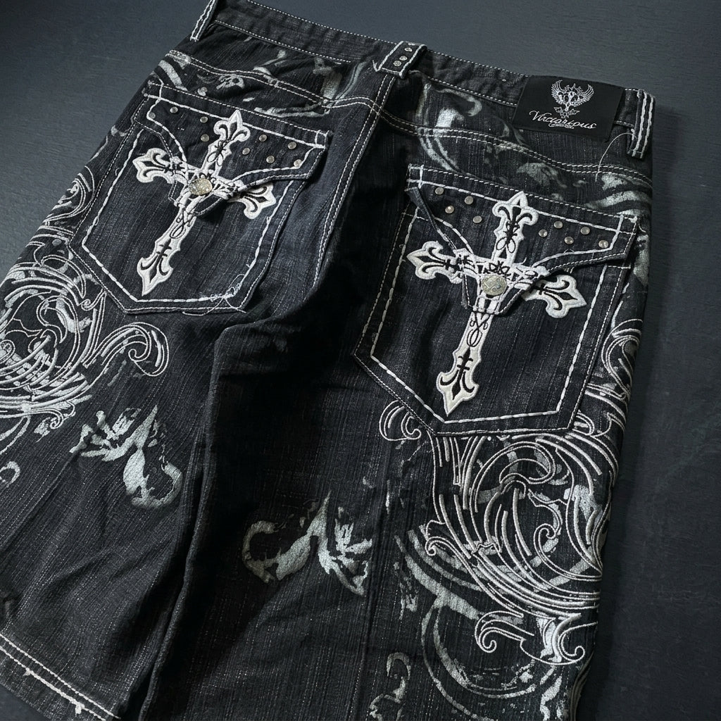 Y2K Heavy-Embroidered Baggy Denim Shorts