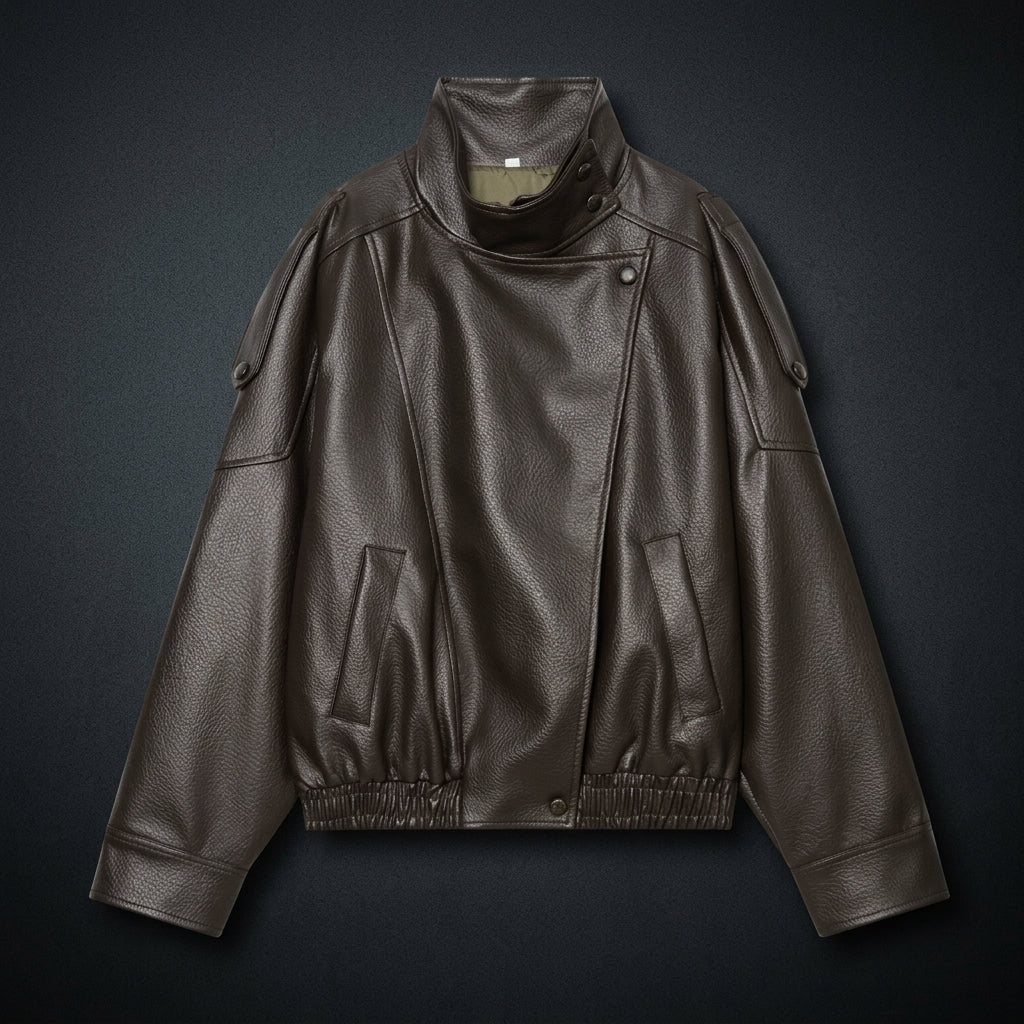 Oversized Vegan Leather Stand-Collar Jacket