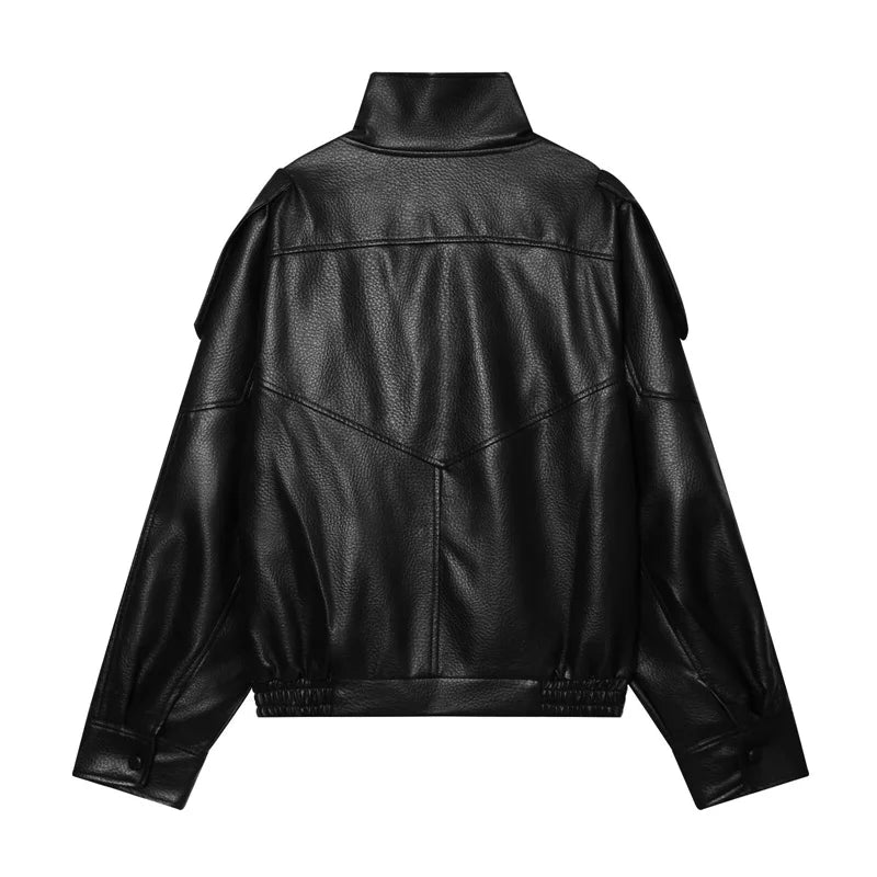 Oversized Vegan Leather Stand-Collar Jacket