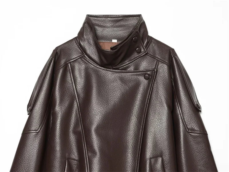 Oversized Vegan Leather Stand-Collar Jacket