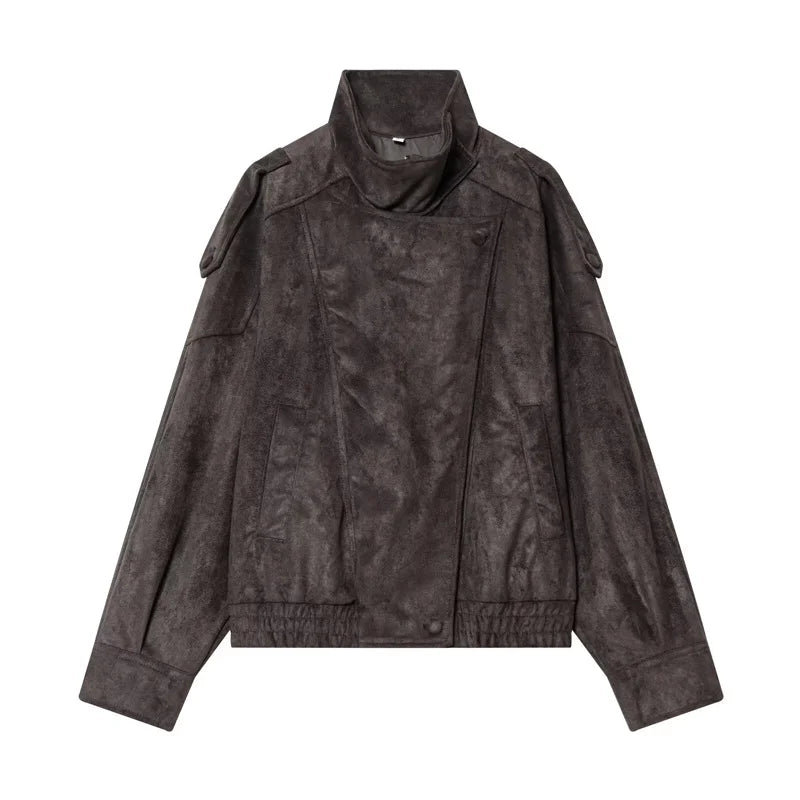 Oversized Vegan Leather Stand-Collar Jacket