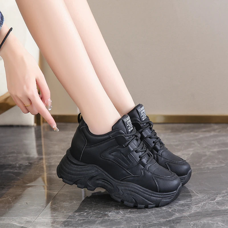 Platform Lace-Up Sneakers – White & Black