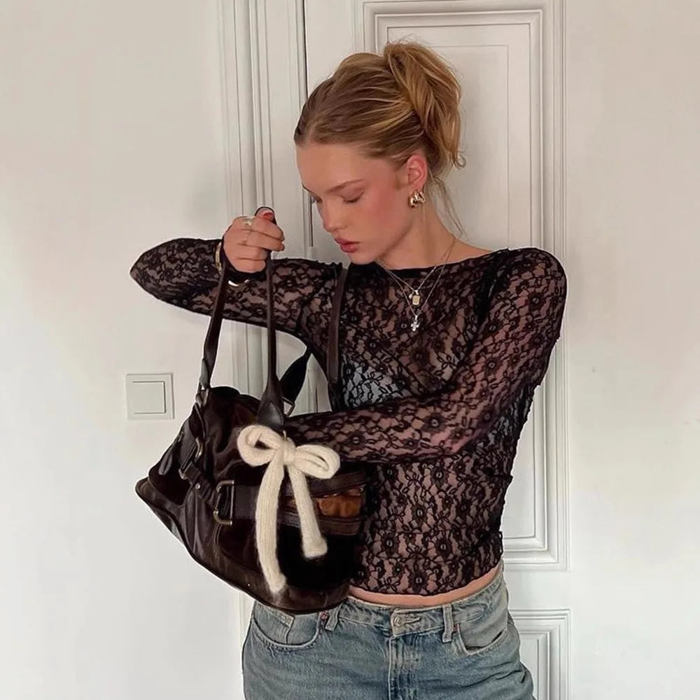 Long-Sleeve Lace-Trim Slim Tee
