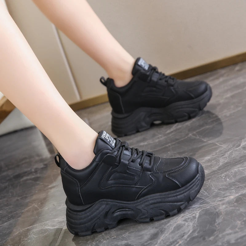Platform Lace-Up Sneakers – White & Black