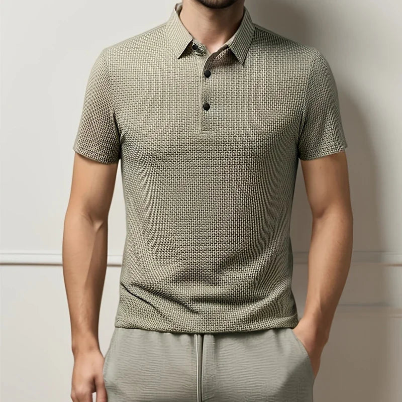 Men's Textured Knit Short Sleeve Polo Shirt – Breathable Summer Casual Contrast Collar Knitwear Top