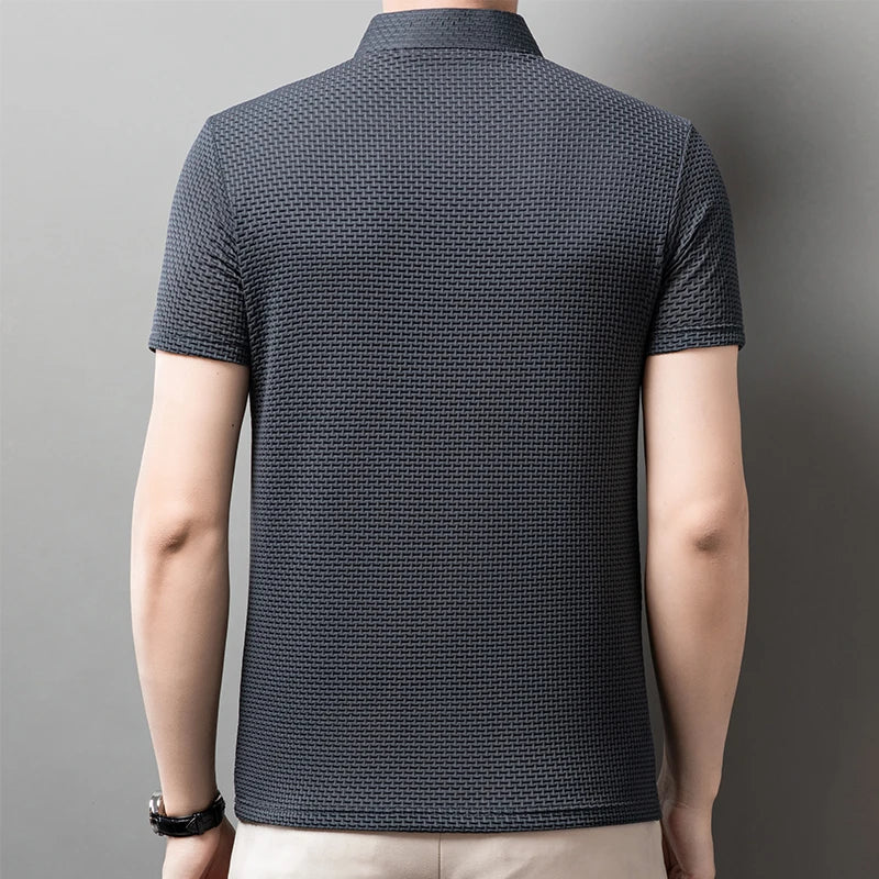 Men's Textured Knit Short Sleeve Polo Shirt – Breathable Summer Casual Contrast Collar Knitwear Top