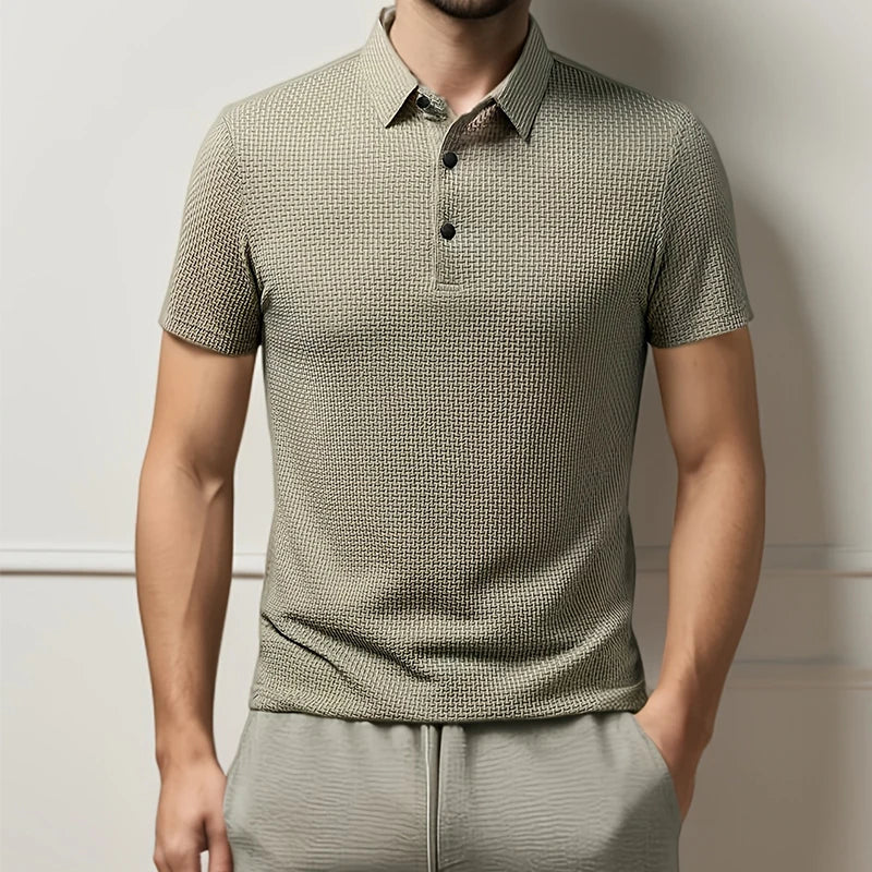 Men's Textured Knit Short Sleeve Polo Shirt – Breathable Summer Casual Contrast Collar Knitwear Top