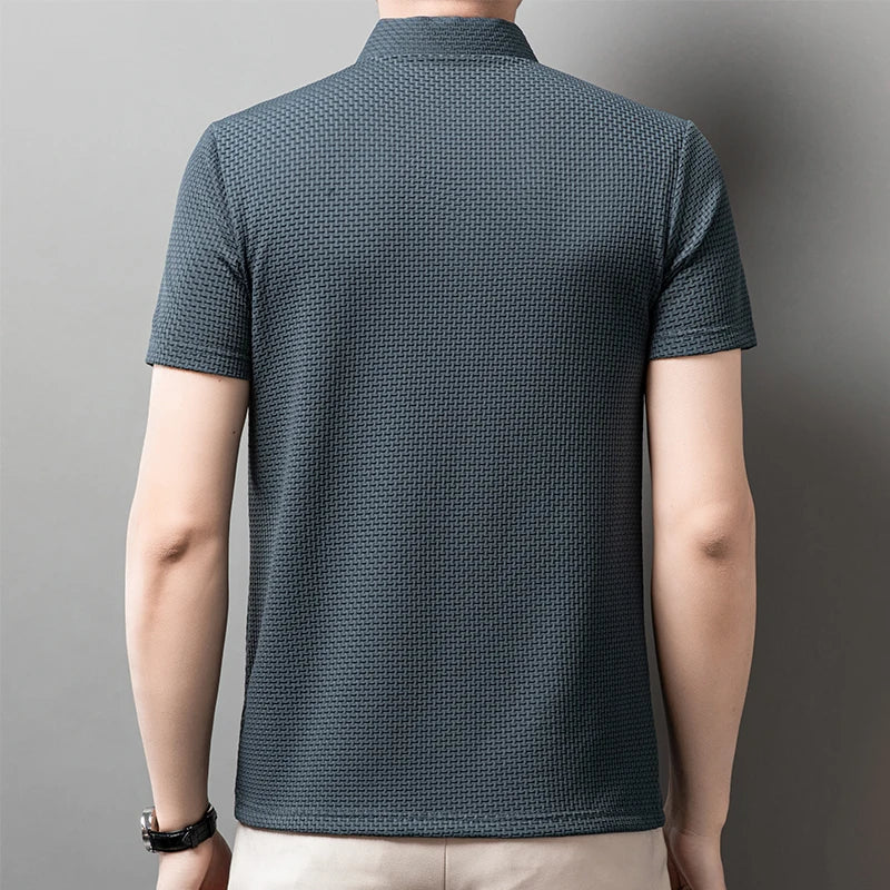 Men's Textured Knit Short Sleeve Polo Shirt – Breathable Summer Casual Contrast Collar Knitwear Top