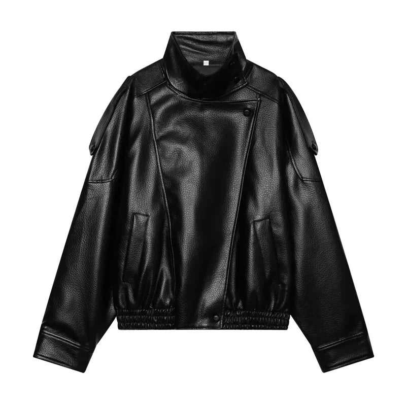 Oversized Vegan Leather Stand-Collar Jacket