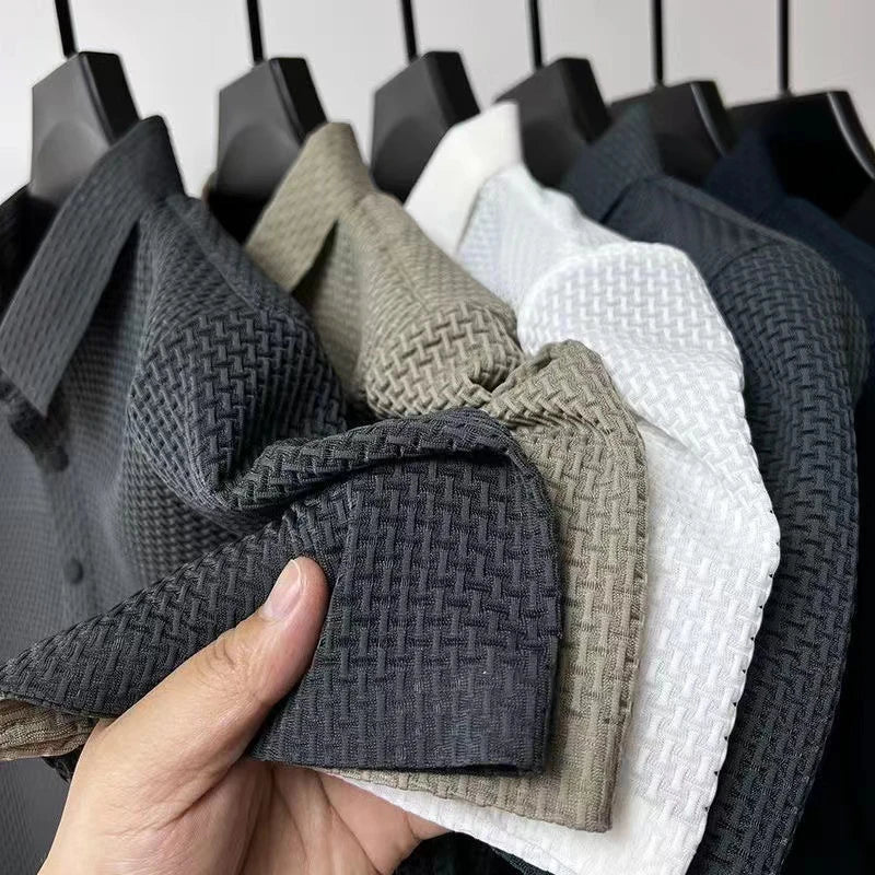 Men's Textured Knit Short Sleeve Polo Shirt – Breathable Summer Casual Contrast Collar Knitwear Top