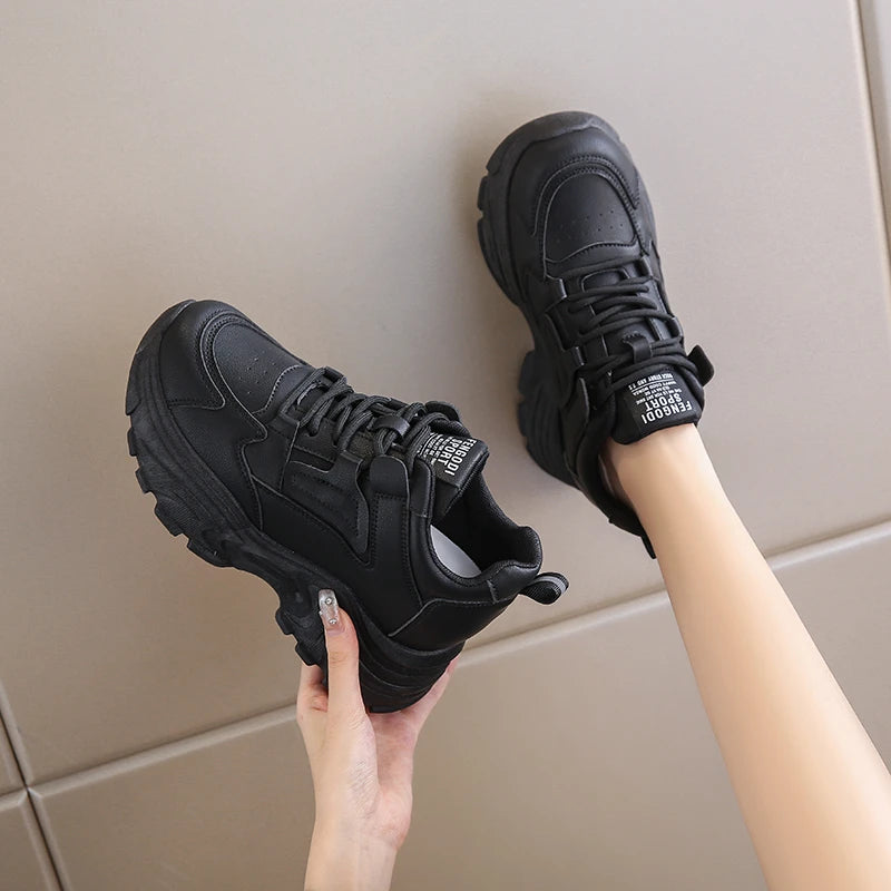 Platform Lace-Up Sneakers – White & Black