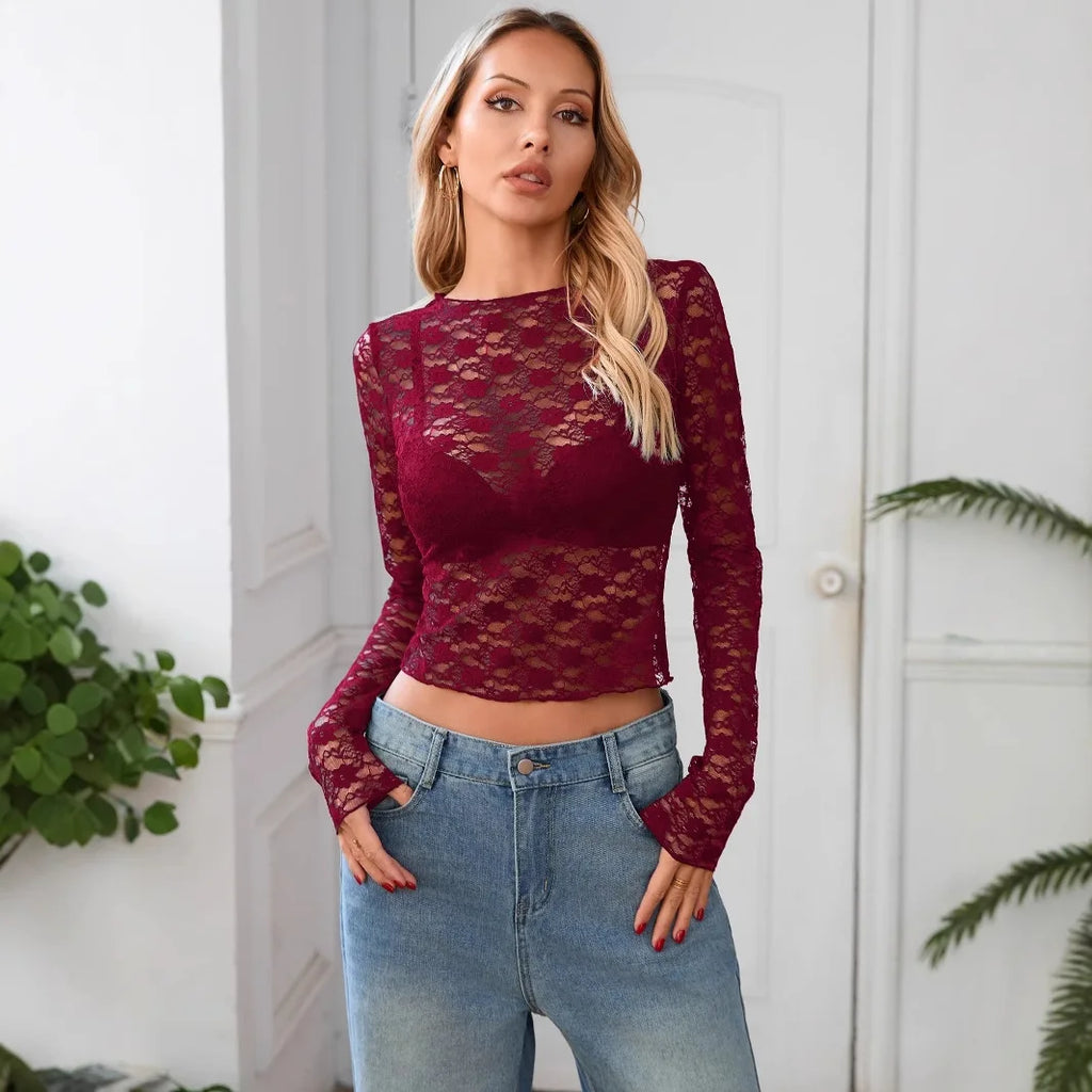 Long-Sleeve Lace-Trim Slim Tee