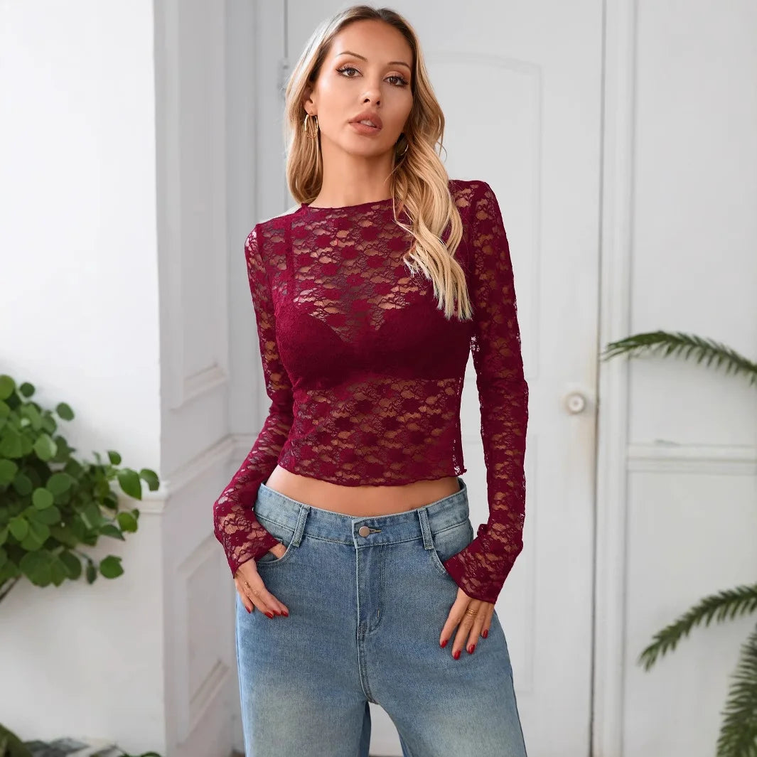 Long-Sleeve Lace-Trim Slim Tee