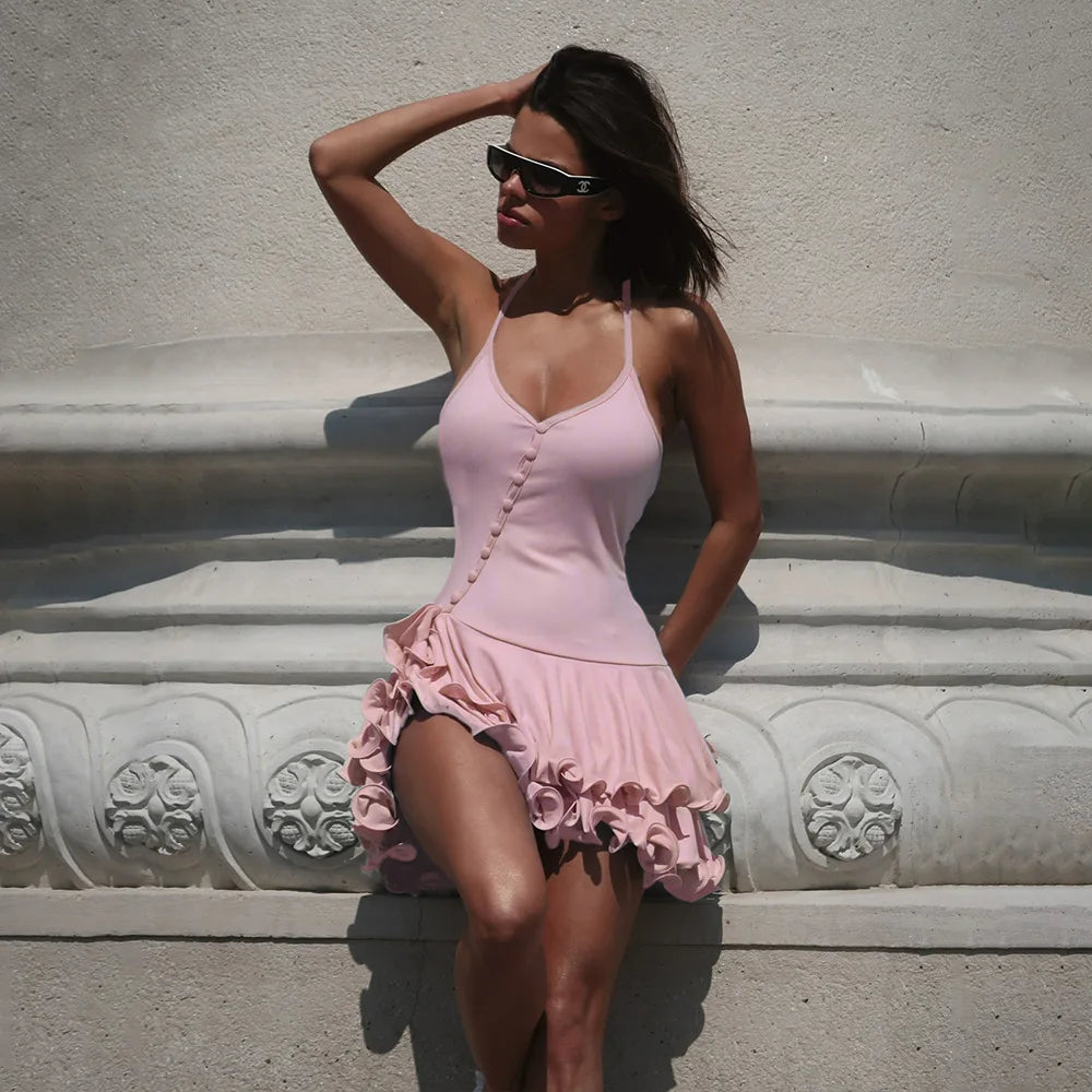 Atelier Asymmetrical Button & Ruffle Mini Dress