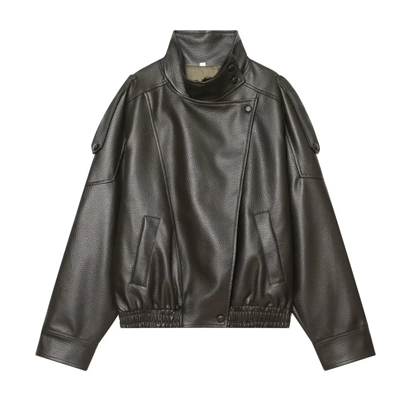 Oversized Vegan Leather Stand-Collar Jacket