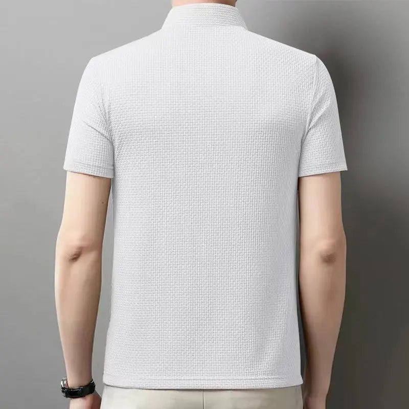 Men's Textured Knit Short Sleeve Polo Shirt – Breathable Summer Casual Contrast Collar Knitwear Top