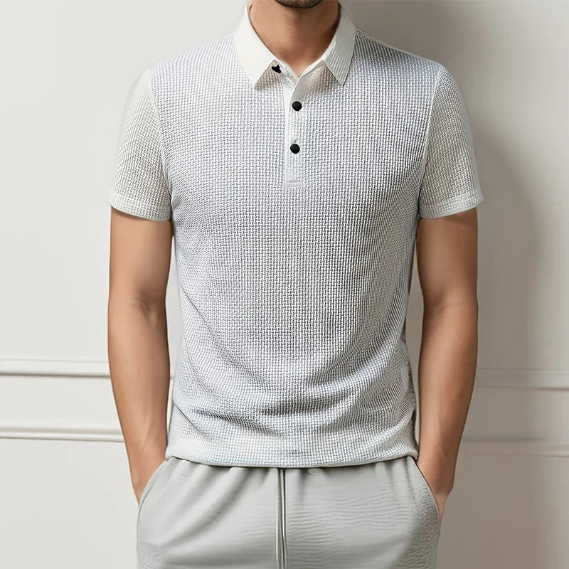 Men's Textured Knit Short Sleeve Polo Shirt – Breathable Summer Casual Contrast Collar Knitwear Top