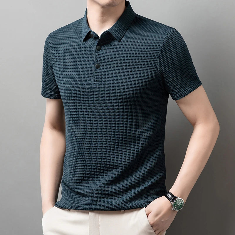 Men's Textured Knit Short Sleeve Polo Shirt – Breathable Summer Casual Contrast Collar Knitwear Top