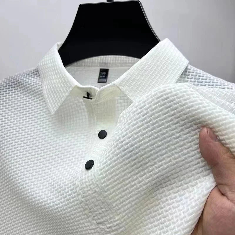 Men's Textured Knit Short Sleeve Polo Shirt – Breathable Summer Casual Contrast Collar Knitwear Top