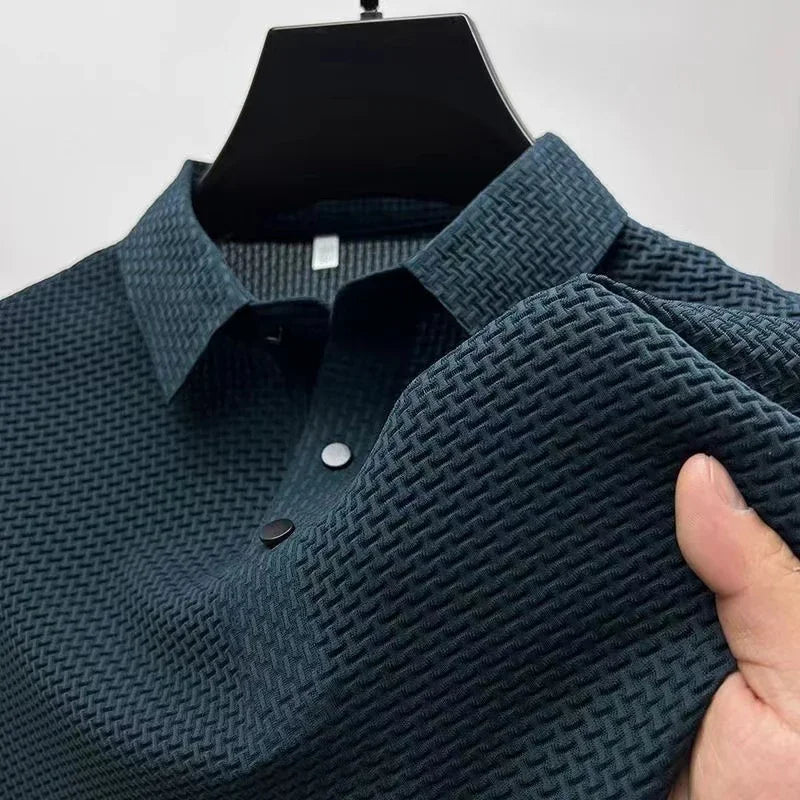 Men's Textured Knit Short Sleeve Polo Shirt – Breathable Summer Casual Contrast Collar Knitwear Top