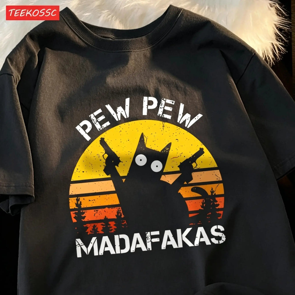 Pew Pew Madafakas Retro Cat Graphic Tee