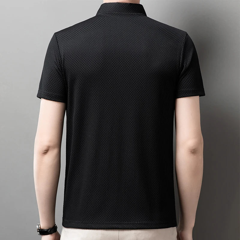Men's Textured Knit Short Sleeve Polo Shirt – Breathable Summer Casual Contrast Collar Knitwear Top