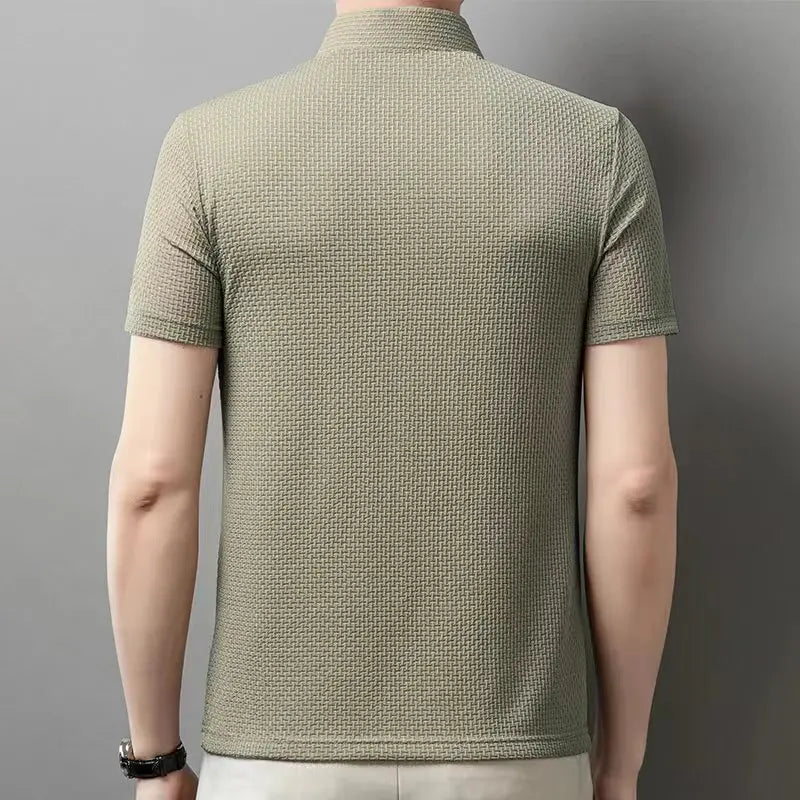 Men's Textured Knit Short Sleeve Polo Shirt – Breathable Summer Casual Contrast Collar Knitwear Top