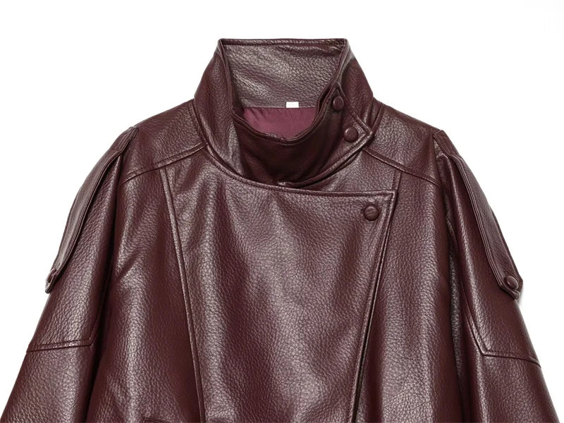 Oversized Vegan Leather Stand-Collar Jacket