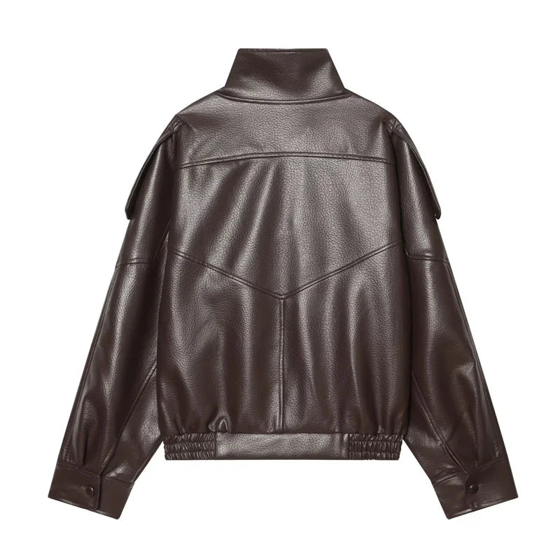 Oversized Vegan Leather Stand-Collar Jacket