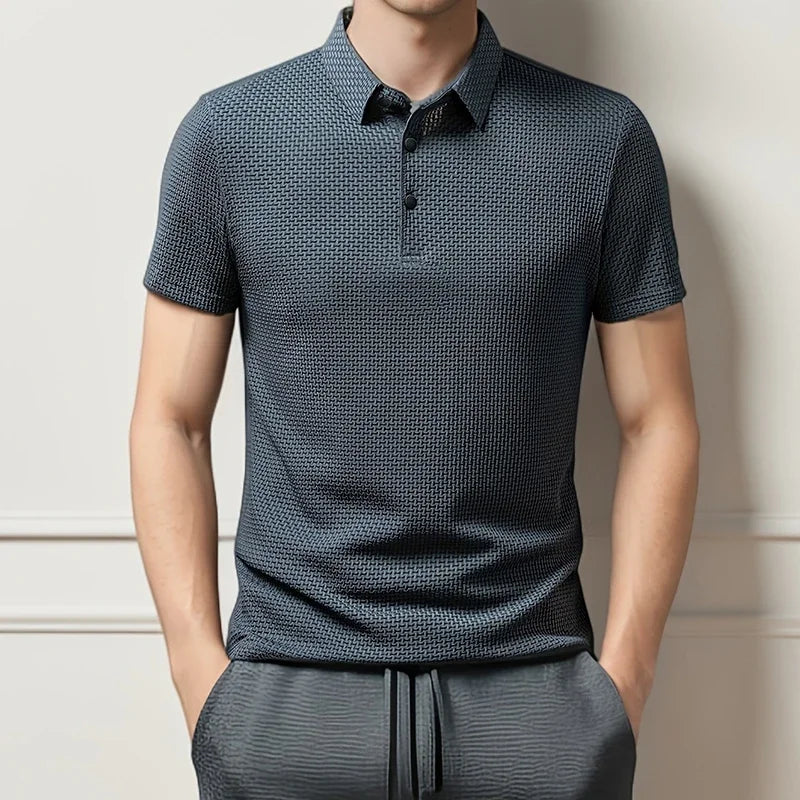 Men's Textured Knit Short Sleeve Polo Shirt – Breathable Summer Casual Contrast Collar Knitwear Top