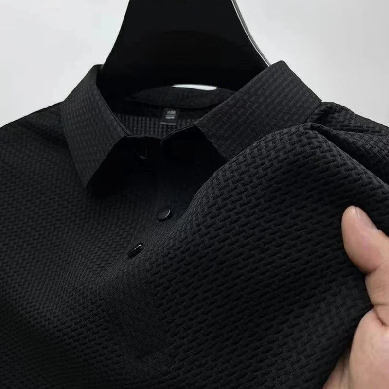 Men's Textured Knit Short Sleeve Polo Shirt – Breathable Summer Casual Contrast Collar Knitwear Top
