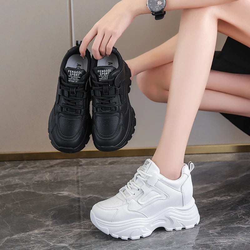 Platform Lace-Up Sneakers – White & Black