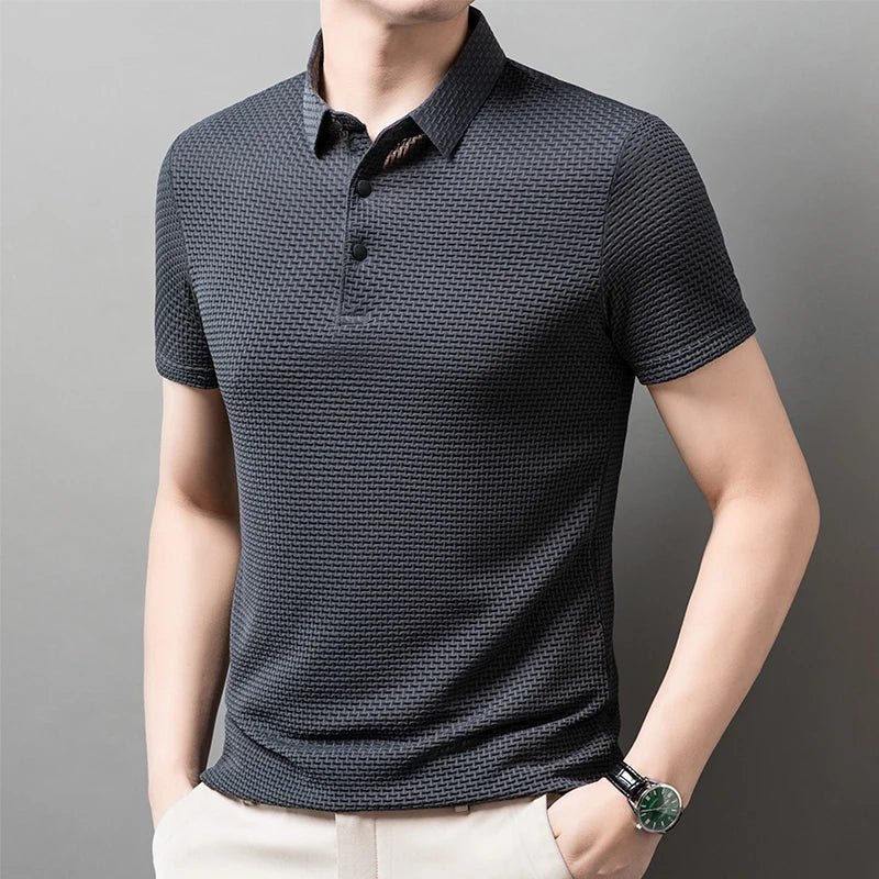 Men's Textured Knit Short Sleeve Polo Shirt – Breathable Summer Casual Contrast Collar Knitwear Top