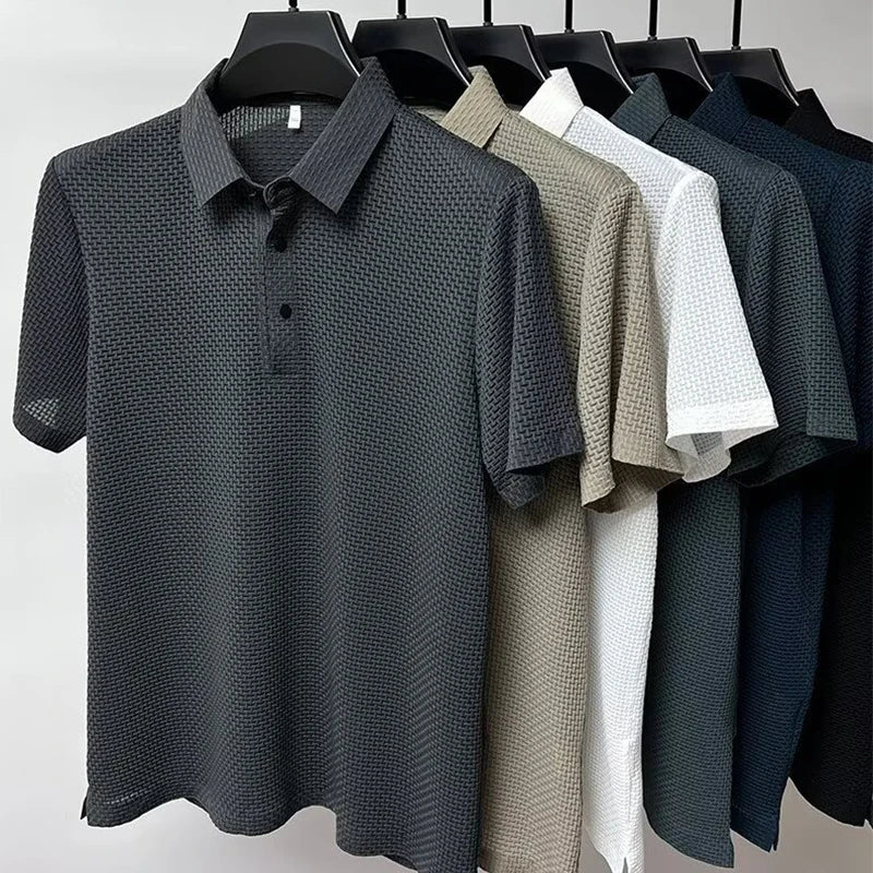 Men's Textured Knit Short Sleeve Polo Shirt – Breathable Summer Casual Contrast Collar Knitwear Top