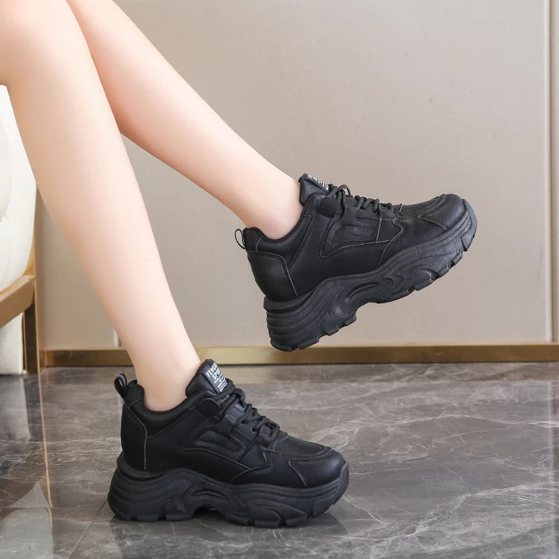 Platform Lace-Up Sneakers – White & Black