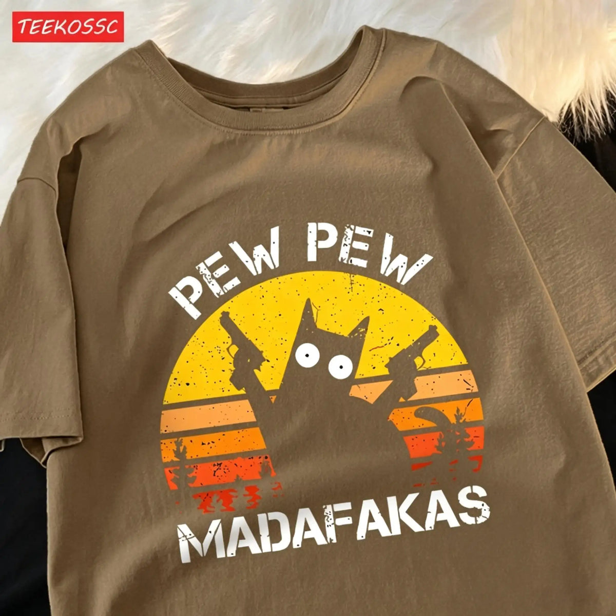 Pew Pew Madafakas Retro Cat Graphic Tee