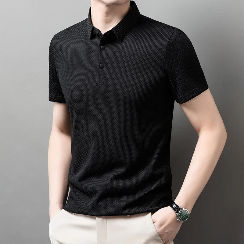 Men's Textured Knit Short Sleeve Polo Shirt – Breathable Summer Casual Contrast Collar Knitwear Top